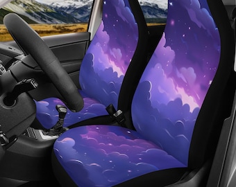 Purple cloud Cute Starry sky Car Seat Cover Set,  Kawaii violet universe Front back seat cover, Car headrest interior decor, car accessories