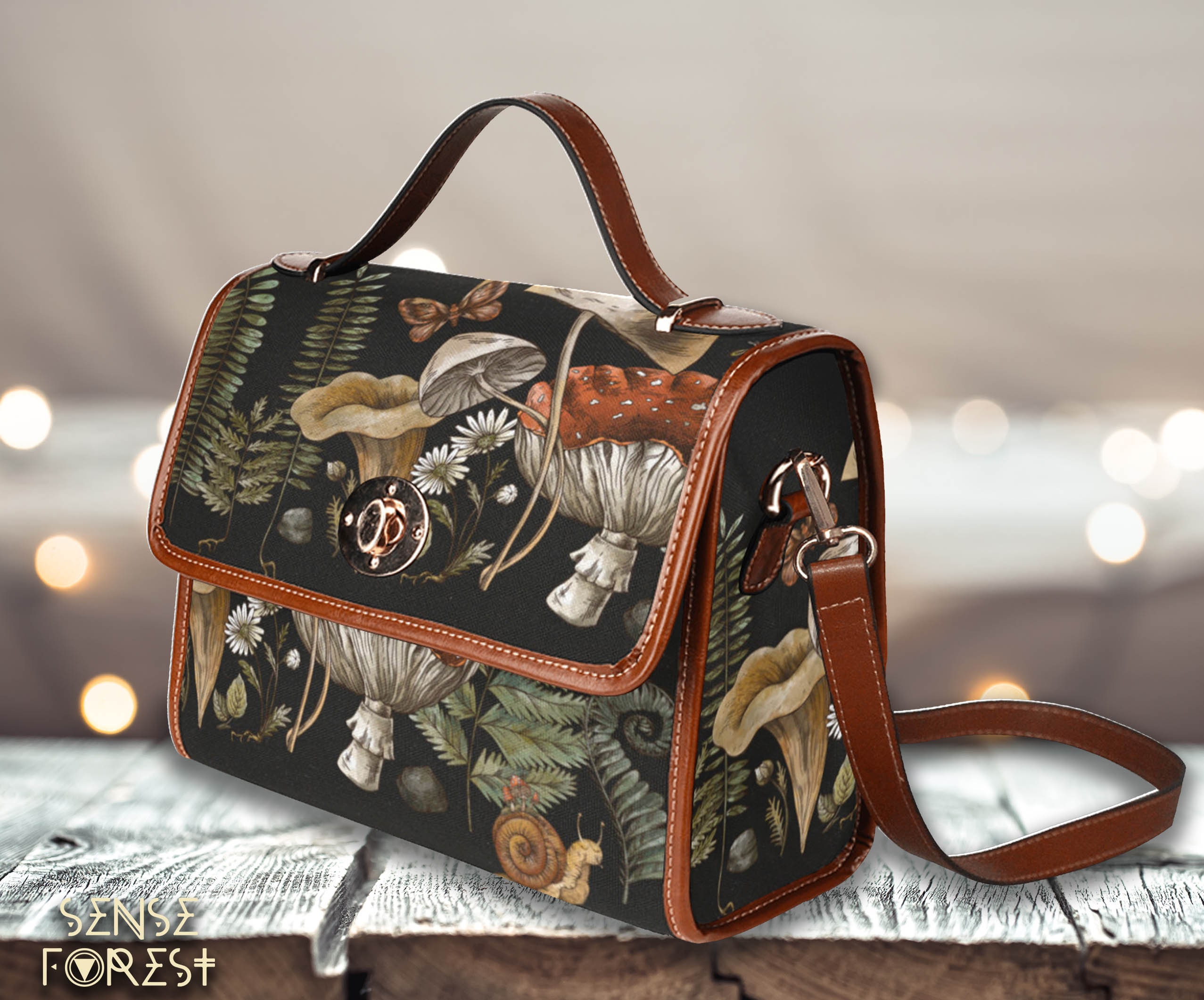 Cottagecore witch Canvas Satchel bag, Cute women mushroom crossed body purse, cute vegan leather strap hand bag goth bag, hippies boho gift