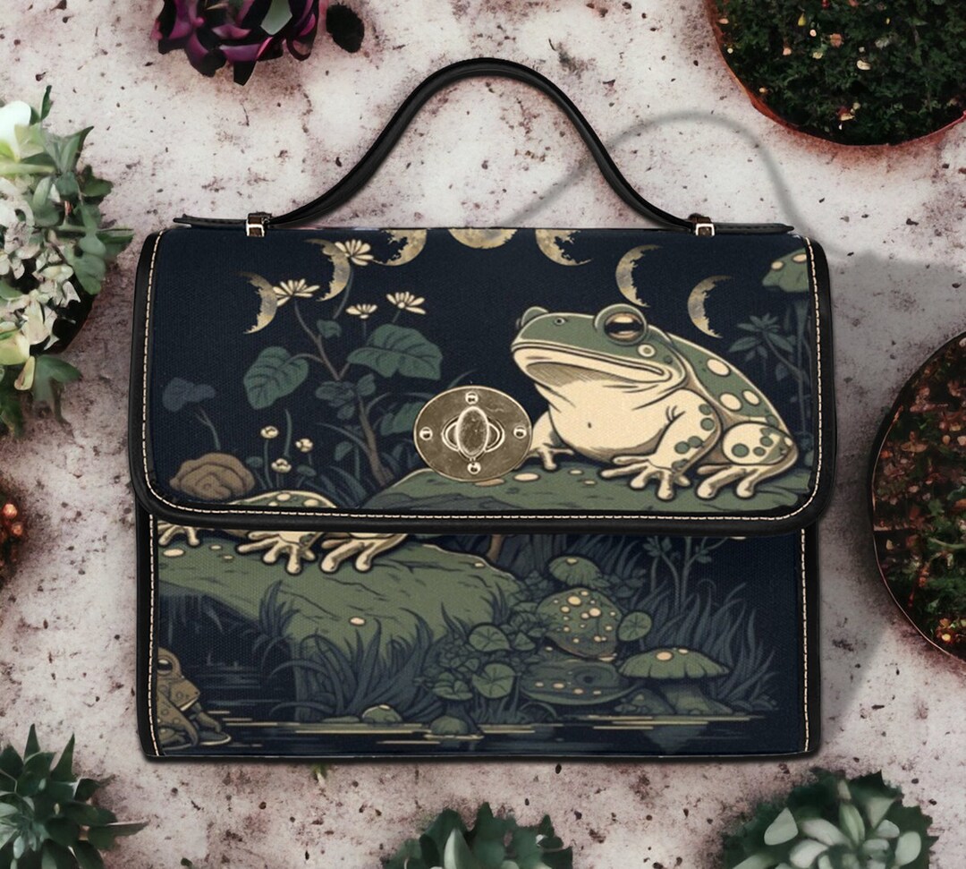 Green Frog Black Canvas Satchel Bag, Whimsical Moon Frog Purse, Vegan