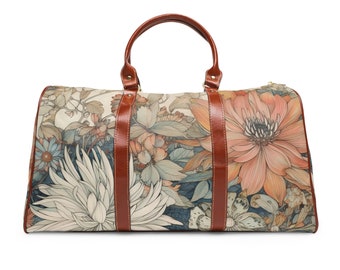 Pastel Cottagecore floral Waterproof Travel Bag, Wildflower Vegan leather top handles large weekender with shoulder strap duffle bag