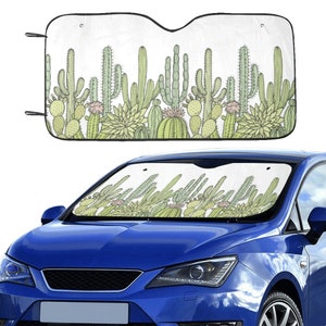 Plant lovers Car sunshade for windshield, White Cute cactus Window Sun Blocker, Minimalist cacti car accessories Auto Decor Screen