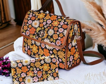 Retro jaren '70 Hippies Daisy bloemen Canvas Satchel tas, Leuke vrouwen boho gekruiste body portemonnee, schattige vegan lederen band handtas, hippies boho cadeau