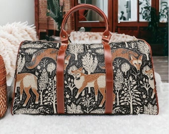 Cottagecore Vintage Lino print Forest fox Waterproof Travel Bag, large duffle bag shoulder strap, Scandinavia Vegan leather overnight bag