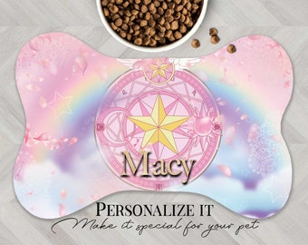 Kawaii Personalized pet mat, Rainbow Anime pet mat, Bone shape mat, Sakura card mat, Pet place mat, Dog Cat food mat, pet travel bowl mat