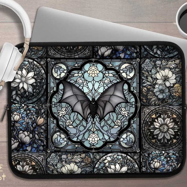 Dark Academia Gothic Stained Glass Bat Medieval laptop sleeve, Witchy Goth laptop case iPad tablet cover travel case padded bag gift