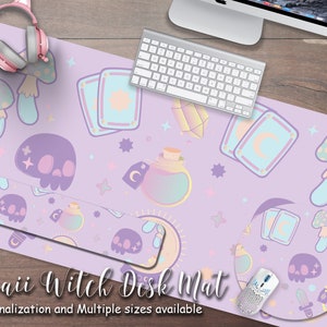 Kawaii goth purple desk mat, cute witchy elements desk pad, kawaii witch mystical mouse pad wrist rest, girl gamer desk setup, xxl gamig mat
