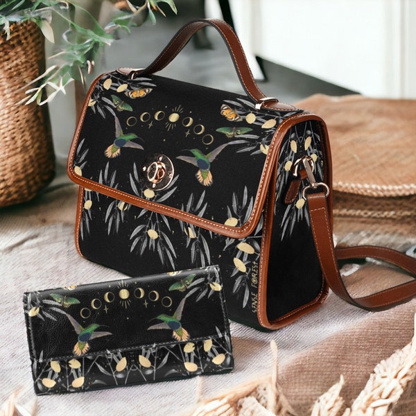 Olive tree moon phase hummingbird Canvas Satchel bag, With crossbody purse, cute vegan leather strap handbag goth bag, hippies boho gift