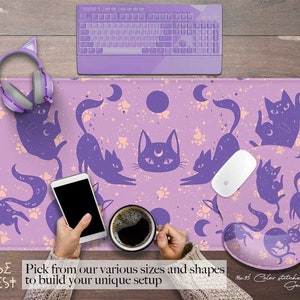 Desk mat cat, desk mat gaming mousepad, Pastel RGB Desk mat kawaii, Purple desk mat aesthetic Luna cat Long mouse pad kawaii with wrist rest