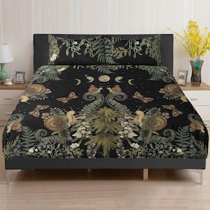 Dark Cottagecore Pine Fern Forest 3 Pcs Beddings, Forestcore Snail moth bedroom decor, Moon phase nature lover duvet cover pillowcase set