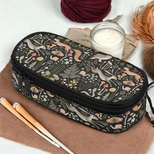 Cottagecore Forest animal Large capacity artist Pencil Case, Witchy mushroom makeup brush case, Crochet hook case small gadgets organizer