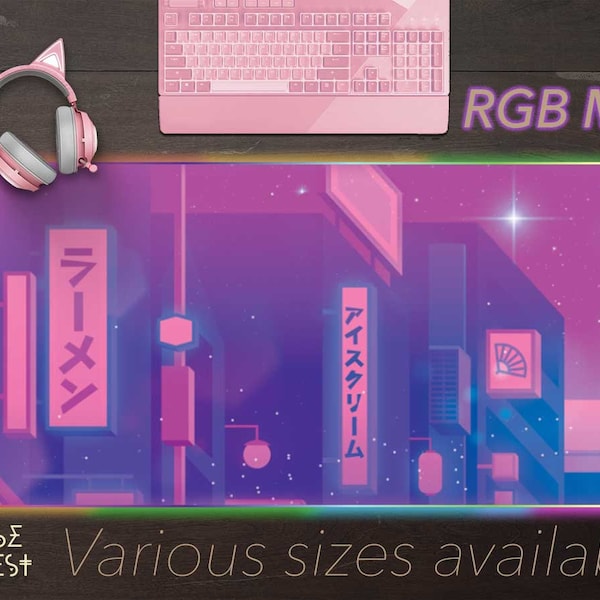 Tokyo Manga Neon street desk mat RGB, Kawaii Japanese retro Anime cute street Gaming Mouse Pad, Cute Pink Light up mousepad gamer desk setup