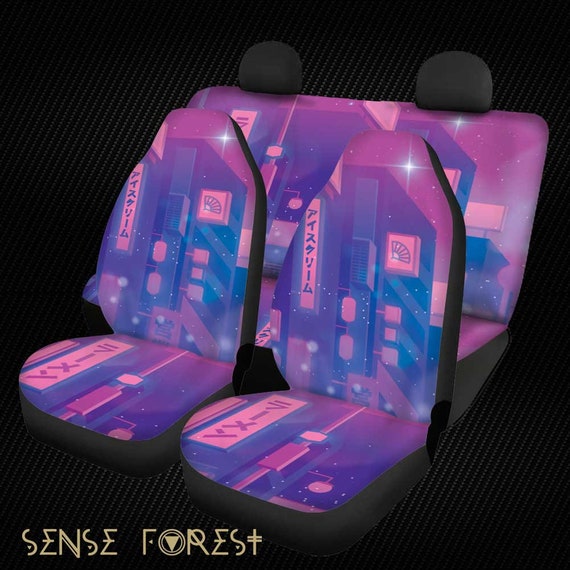 Purple Neon City Car Floor Mats, Cute Japanese Night Street Anime