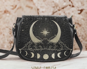 Wicca Black vegan leather zipped saddle bag, Silver lunar moon phases small large crossbody bag with pocket, witchy Goth Dark Academia purse