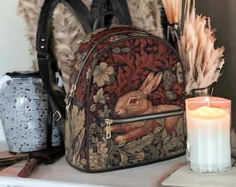 Cottagecore retro Burgundy rabbit floral Black Mini backpack, Art nouveau botanical Vegan leather PU  Backpack, back to school day pack gift