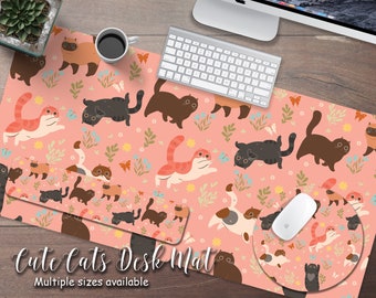 Kawaii Coral Pink Cats Playing Desk Mat, Extended Mouse Pad, Extra Large Gaming Desk Pad, Anime Desk Mat Cute,