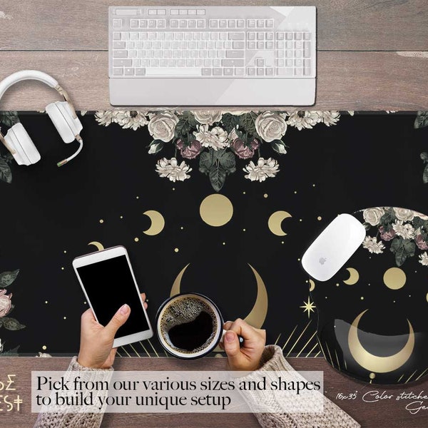 Black Cottagecore pale roses moon phase Occult witch desk mat, witchy Pagan mouse pad tarot mat, XXL Wicca aesthetic mousepad wrist rest