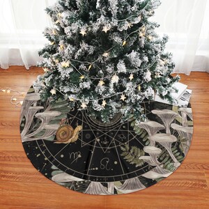 Dark Cottagecore witchy Christmas Tree Skirt, Oyster Mushroom Forest Zodiac Mystical winter holiday tree skirt, Pagan Wicca Holiday decor
