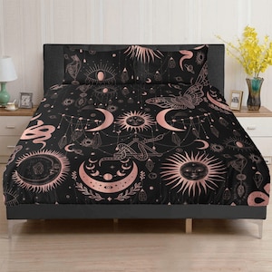 Black Pink Witchy Celestial Sun Moon 3 Pcs Beddings, Boho snake Witch Whimsical Whimsy Goth bedroom decor, duvet cover pillowcase set