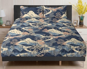 Paysage de fleurs de cerisier bleu du Japon, literie 3 pièces, décoration de chambre à coucher pour amateur d'art traditionnel Ukiyoe, ensemble housse de couette et taie d'oreiller