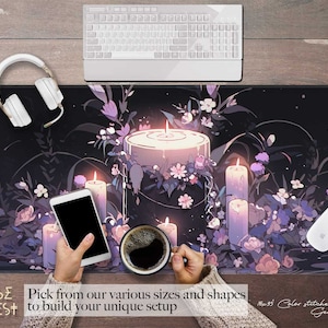 Purple floral candle spiritual desk mat RGB, boho witchy anime XXL tarot altar mat RGB stitched edges, wrist rest mousepad witchy desk setup