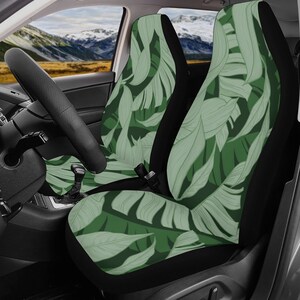 Green Leaf Tropical Forest Car Seat Cover Set, Foliage Front Back Seat ...