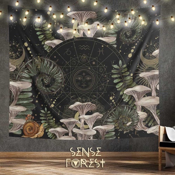 Tapisserie murale d'intérieur de zodiaque de pleurotes de forêt de fougères, astrologie mystique de sorcière verte