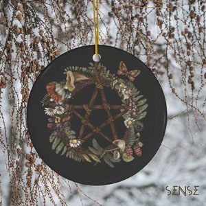 Black forest mushroom ferns pentagram wreath Ceramic Ornaments, Witchy Christmas Tree decor, black Christmas home decor