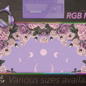 Pastel Purple Rose Moon Cottagecore XXL RGB desk mat, LED Lilac gaming mousepad wrist rest, purple aesthetic desk accessories