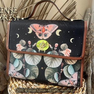 Cottagecore Luna Moth Witchy Canvas Satchel bag, Mystical Forest Witch crossbody purse, vegan leather strap Goth handbag, hippies boho gift