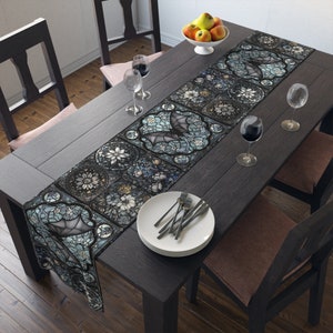 Gothic Bat Blue Stained Glass Dinner Table Runner, Whimsy Goth Witchy ...
