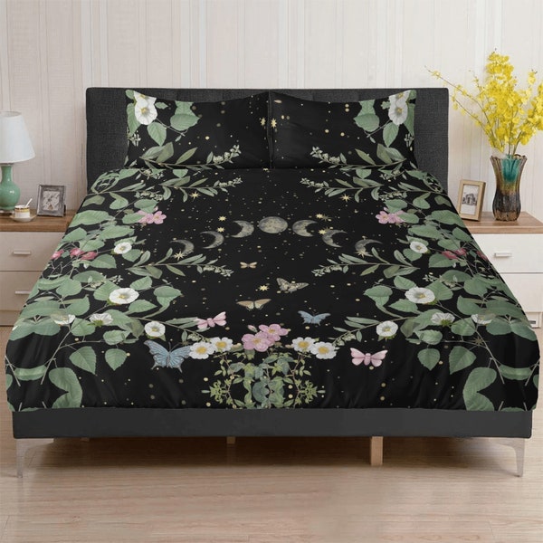 Dark Cottagecore Moth Forest 3 Pcs Beddings, Forestcore Botanical witchy bedroom decor, Moon phase nature lover duvet cover pillowcase set