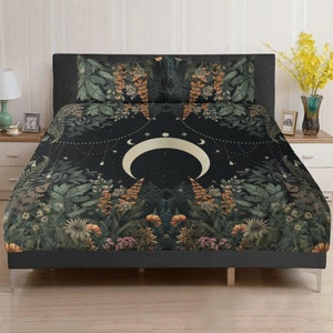 Dark Cottagecore lush Forest fern floral 3 Pcs Beddings, Goblincore moon phase bedroom decor, witchy nature lover duvet cover pillowcase set