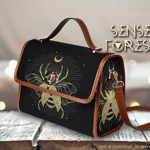 Witchy Moon beetle Canvas Satchel bag, Wicca Women witch crossbody purse, vegan leather strap handbag Cute goth bag, hippies boho gift