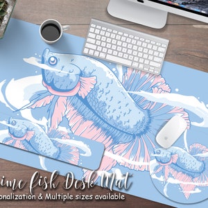 Pastel blue betta fish desk mat cute, extra large Japanese anime desk mat, extended mouse pad, kawaii blue mouse pad cute, gaming mouse pad