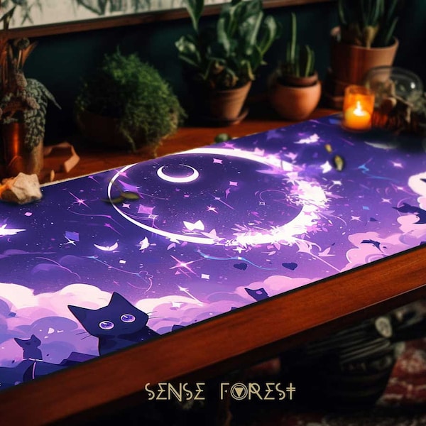 Purple Moon black Cat desk mat anime, Kawaii aesthetic Whimsical landscape extended gaming mouse pad RGB, extra large desk pad wrist rest