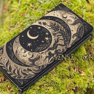 Boho Witchy moon floral Bi-fold wallet, Moon phase Vegan Leather wallet, Wicca witch women Wallet organizer Long clutch wallet goth purse