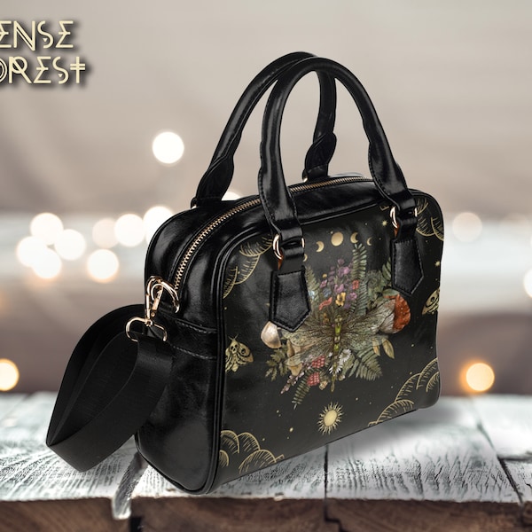 Dragonfly of Crescent Moon Cottagecore magic Mushroom bowler handbag, Pagan Witch Occult aesthetic PU Vegan leather shoulder strap purse bag