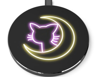 Kawaii Moon Cat Neon Luna Wireless Charger, Japanese Anime desk top accessories, iphone charger, witchy mystical wireless charger
