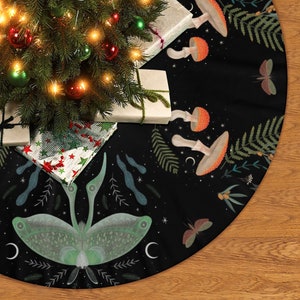 Boho Forest Witch Moth Universe Christmas Tree Skirt, Witchy woodland mushroom nature soft plush fleece tree skirt winter holiday tree decor