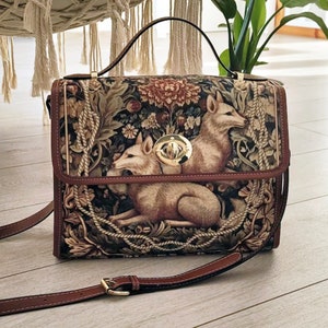 Retro Fox in the Forest Canvas Satchel bag,  Cottagecore forestcore crossbody purse, cute vegan leather strap goth bag, hippies boho gift