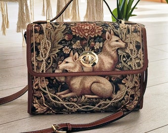 Retro Fox in the Forest Canvas Satchel bag,  Cottagecore forestcore crossbody purse, cute vegan leather strap goth bag, hippies boho gift