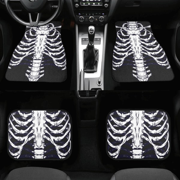 Kawaii Goth Halloween ribcage Car floor mats, Spooky skeleton bones car accessories for women, Witchy gothic car steering decor accessories