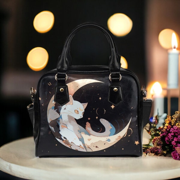 Kawaii Black White cat bowler handbag, Luna Big moon cute kitty Vegan leather shoulder strap purse crossbody bag, Japanese Anima aesthetic
