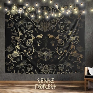 Forest Animal bones witchy tapestry, Dark Academia Cottagecore Indoor Whimsical Goth Wall hang tapestry, Zooarchaeology dorm room decor