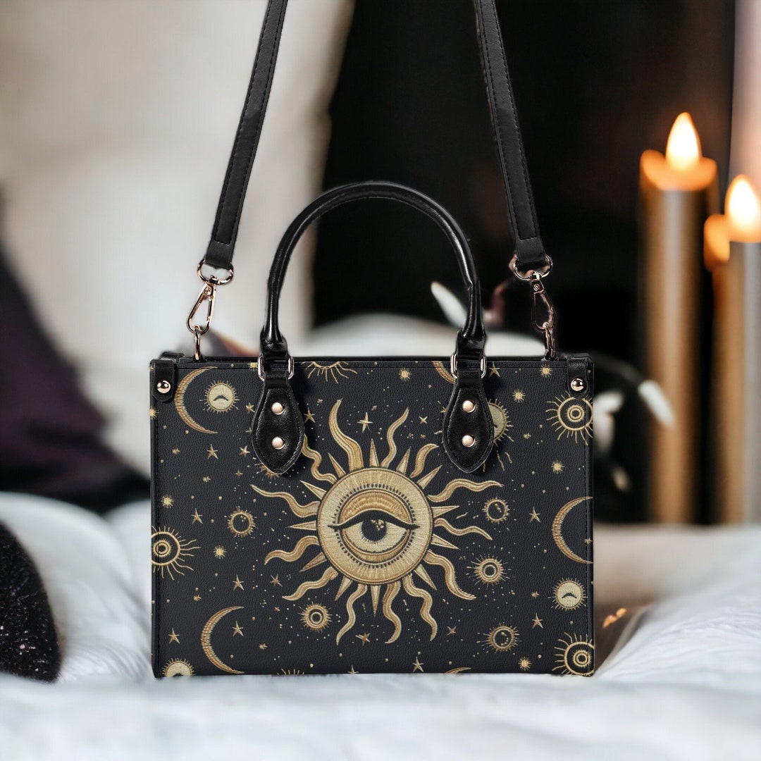 Boho Crossbody Bag For Women - Golden Sun Moon Stars Pattern, Adjustable Strap