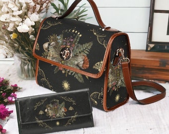 Cottagecore Fern Forest Witchy Canvas Satchel bag, mushroom dragonfly crossbody purse, forestcore gblincore goth bag, hippies boho gift