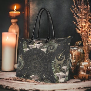 White Oyster mushroom Forest Witchcraft handbag, Witchy zodiac boho zip tote , Pagan Witch Occult aesthetic bag Witch clothing shoulder bag