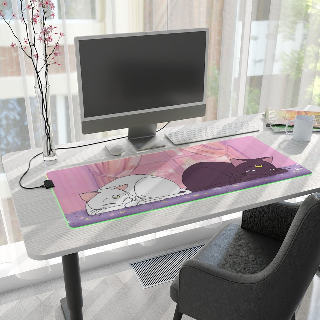 Rainbow RGB Luna and Artemis XXL Anime Desk Mat, LED Retro Japanese 90s  Gaming Mousepad Wrist Rest, Pastel Pink Desk Accessories 