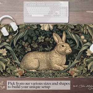 Victorian Green Botanical rabbit PU leather desk mat cute, Forest animal rabbit XXL gaming mouse pad, Retro Ergonomic mousepad wrist rest