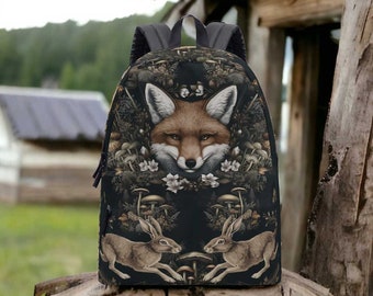 Dark academia Cottagecore forest animal Fox Hare backpack, S M L sizes, back to school day pack, botanical nature witchy canvas school bag